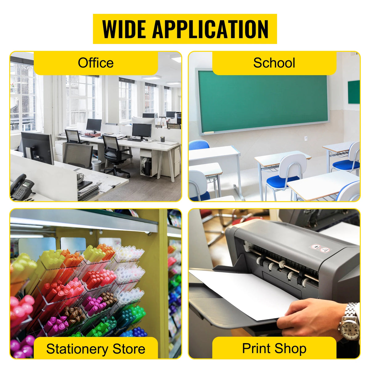 Manual A4 12-inch paper cutter by S And B Enterprise; four-panel collage showing office, school, stationery store, and print shop.