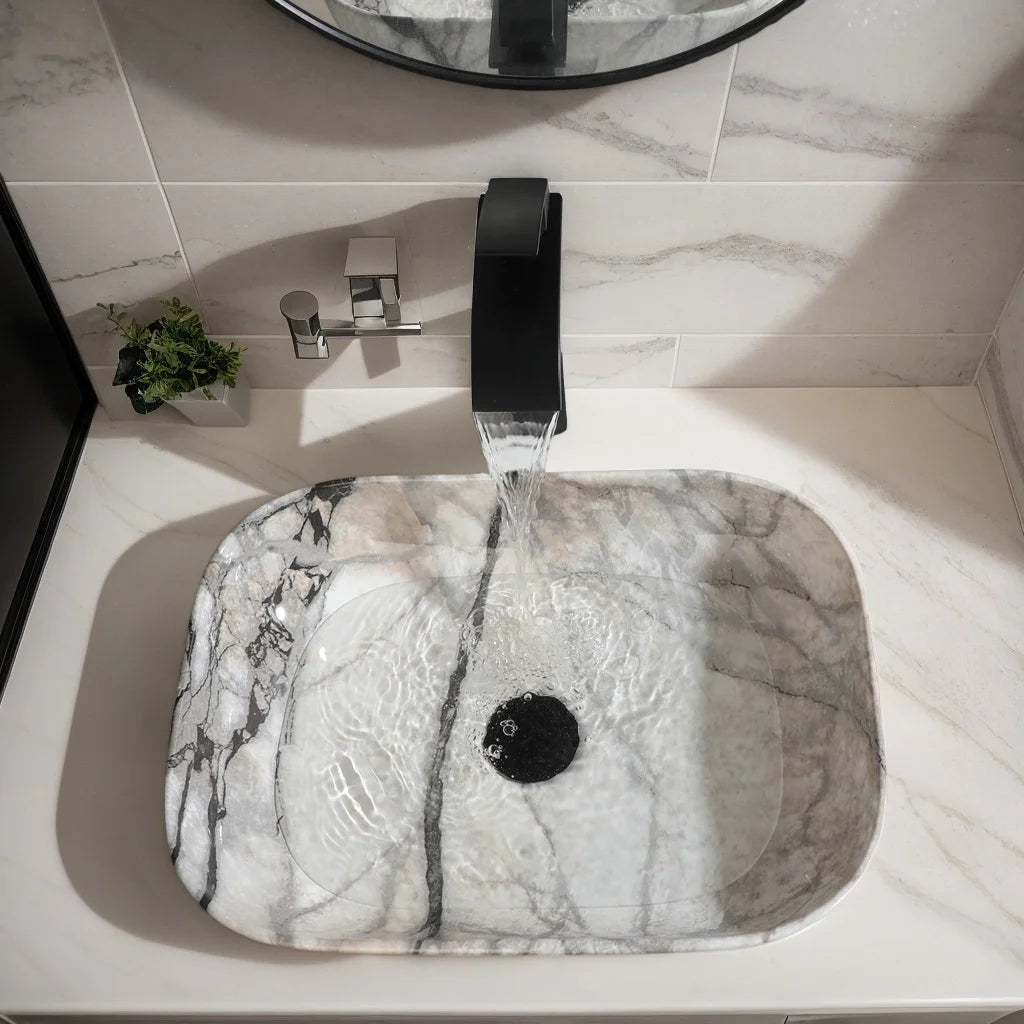 Torayvino Marble Pattern Ceramic Vessel Sink Set Matte Faucet by S And B Enterprise