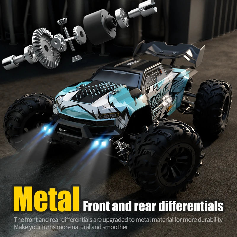 WLtoys 16101 Pro 1:16 RC monster truck with LED headlights and blue camo body, metal front and rear differentials, 4WD.