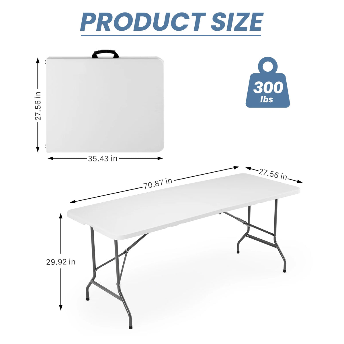 MCQ 6 ft to 8 ft folding picnic table with carrying handle; white tabletop, black metal legs, 300 lbs capacity