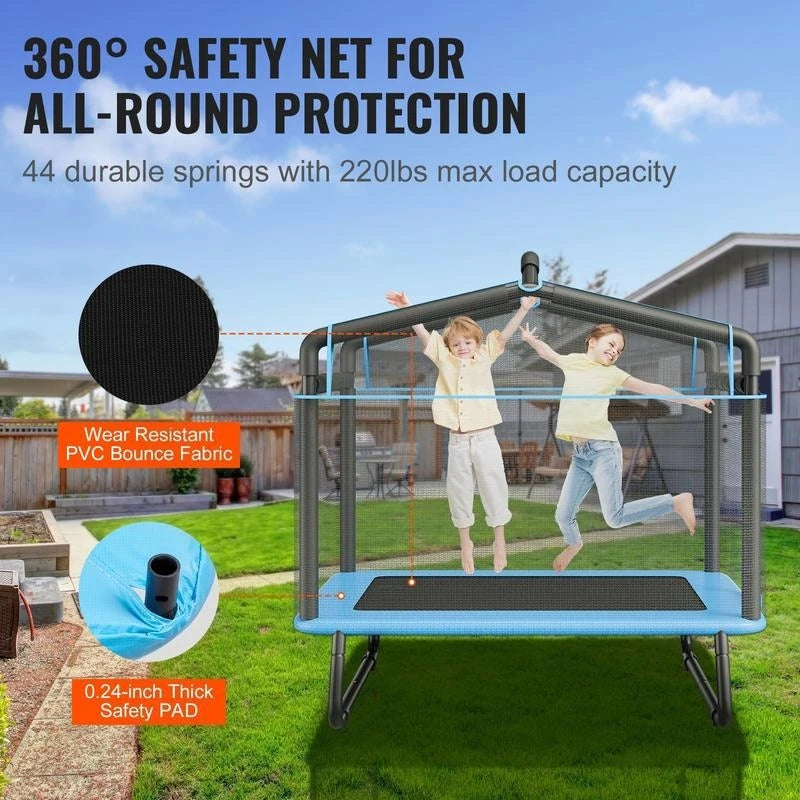 6ft kids' trampoline with blue frame and safety enclosure net, kids jumping inside.