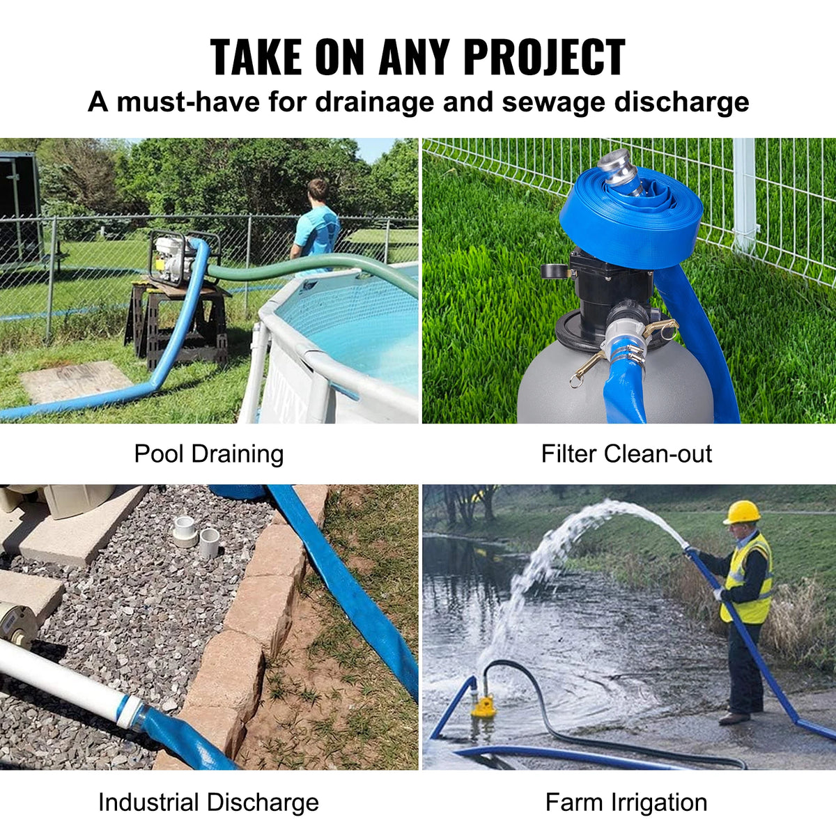 Pool Drain Hose, blue 2 in by 50 ft PVC with aluminum camlock connectors and clamps