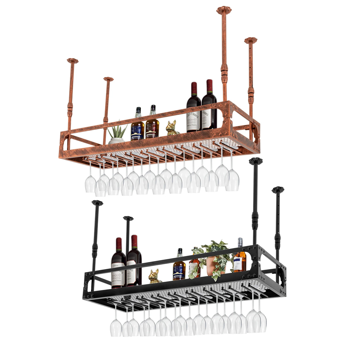 Vintage copper ceiling-mounted wine rack shelf with bottles on top and hanging glasses, 100cm