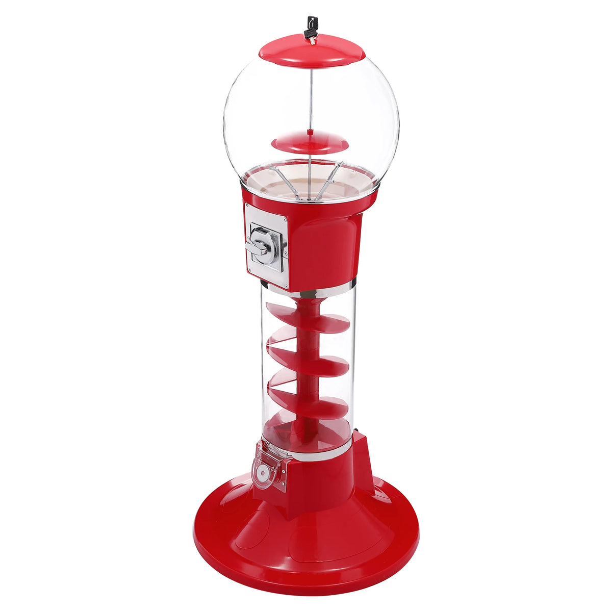 Twister ball dispenser, red freestanding cylindrical vending machine with a clear globe.