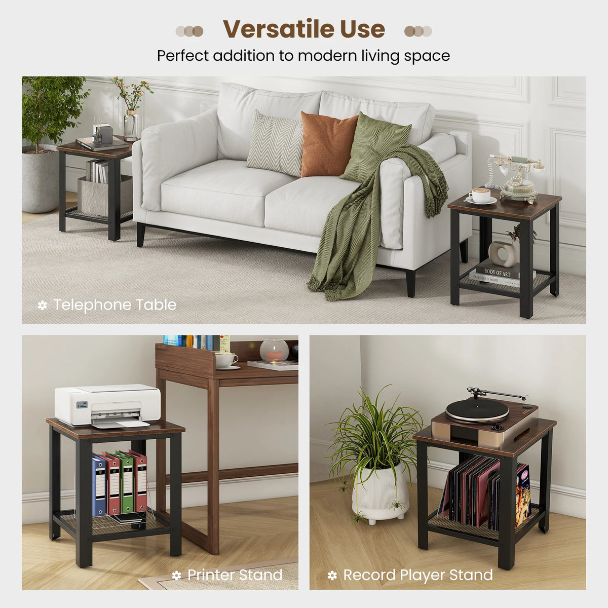Two black industrial end tables by S And B Enterprise with wood tops and lower storage shelves