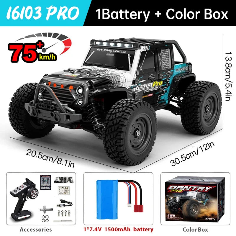 WLtoys 16101 Pro 1:16 RC car 4WD monster truck with LED lights; includes 1x 7.4V 1500mAh battery and color box