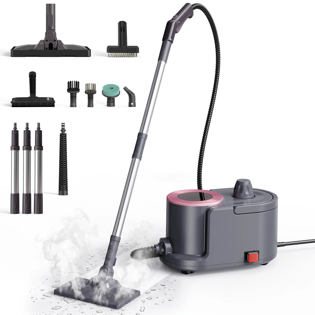 TaskStar handheld steam cleaner with gray body and pink ring, 16.4 ft power cord, and multiple attachments