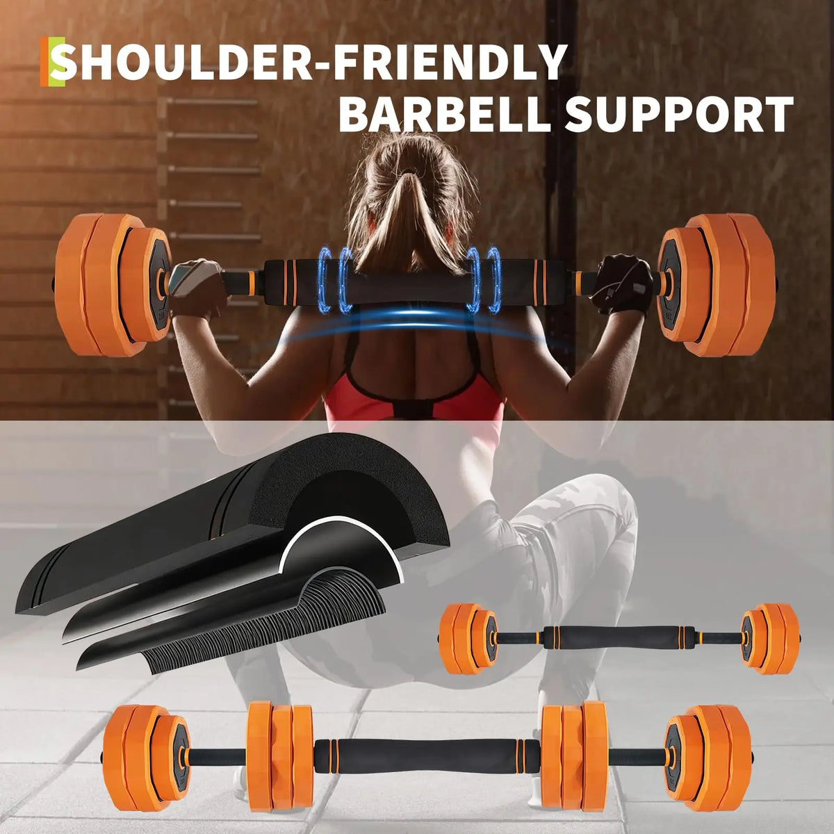 Adjustable dumbbells with orange weight plates on a barbell for home gym training