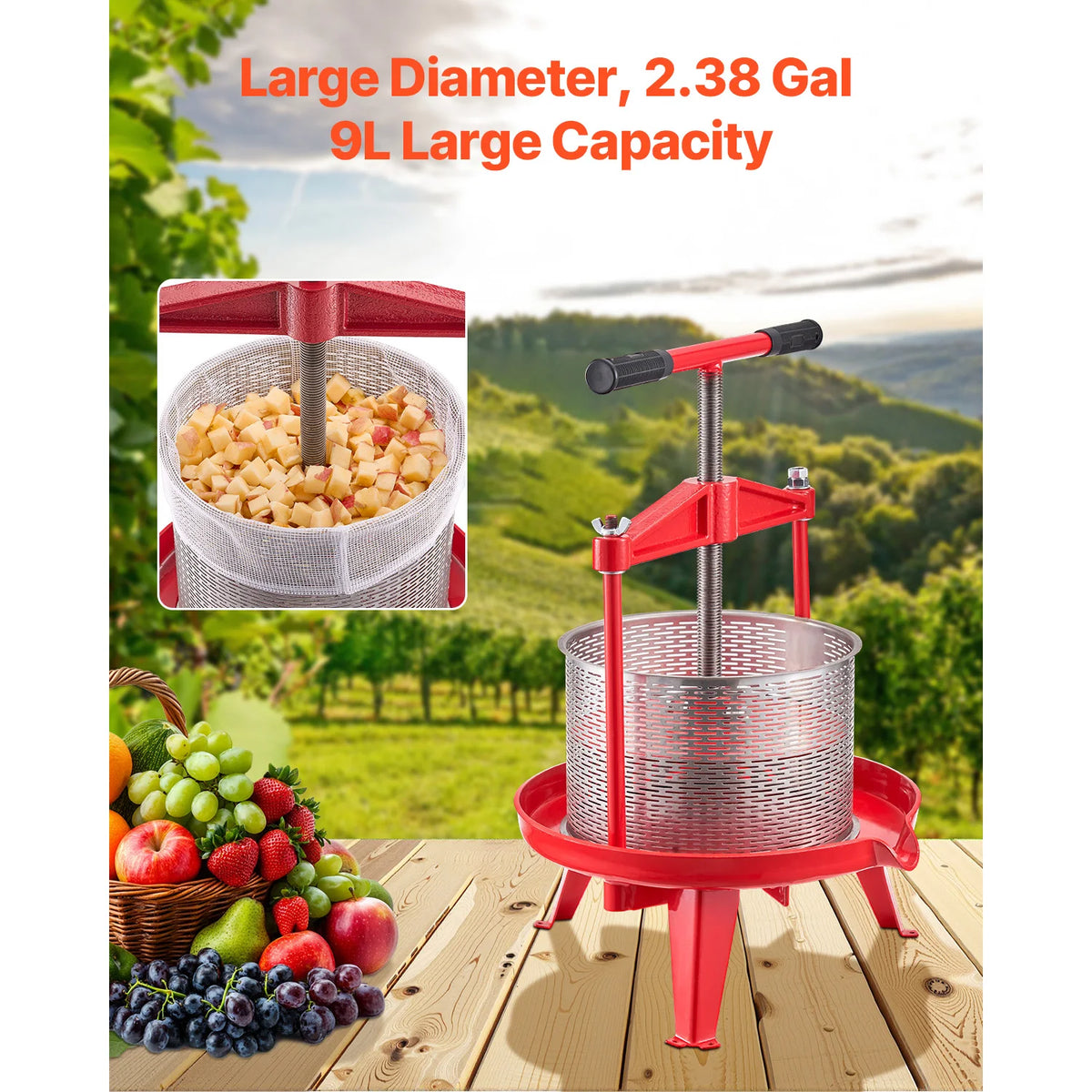 Red 9L manual fruit wine press with stainless steel perforated basket and cross-beam frame.