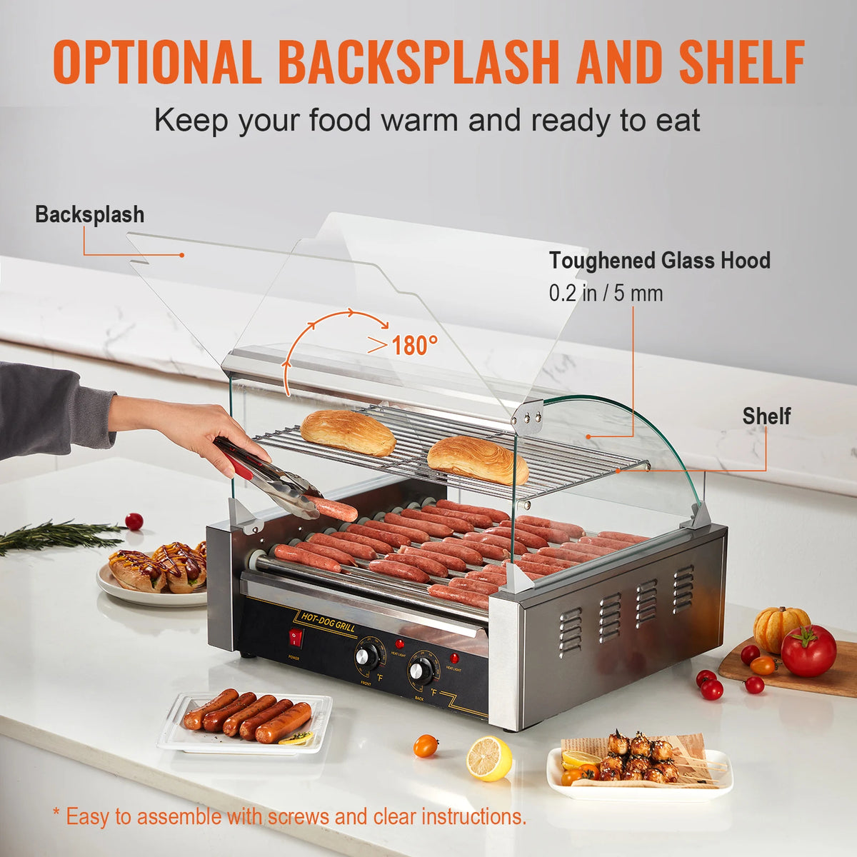 Commercial hot dog roller grill with glass splash guard, stainless steel body and rotating sausages.