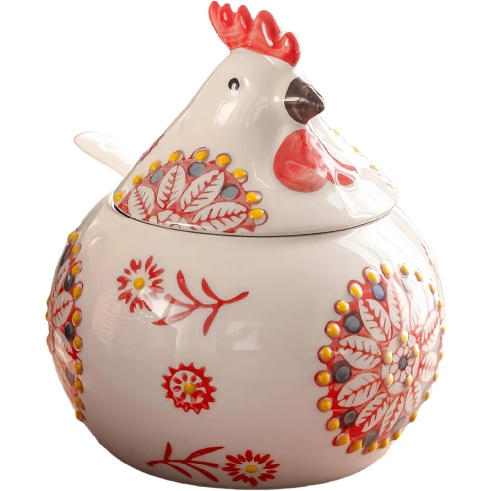Porcelain Salt Cellar With Lid And Spoon Floral Chicken Design by S And B Enterprise