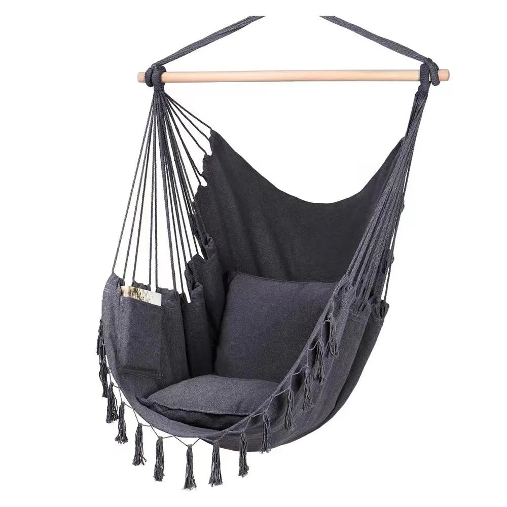 Macrame Hanging Chair with 2 Pillows in charcoal gray, cotton rope, wooden bar