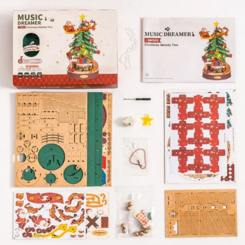 Music box Christmas Melody Tree 3D wooden puzzle kit with wood sheets and gears