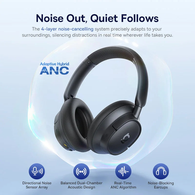Baseus Bass wireless over-ear headphones in black with Bluetooth 6.0 and ANC.