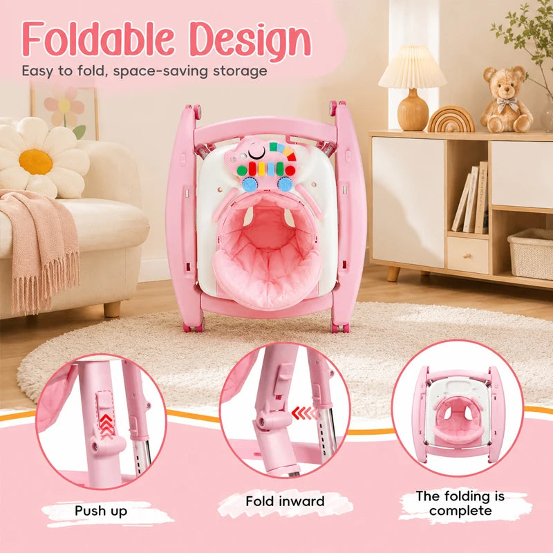 Pink 5-in-1 baby walker by S And B Enterprise with foldable frame, adjustable height, and musical toy bar