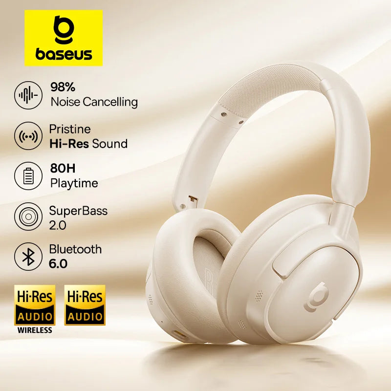 Baseus Bass wireless over-ear headphones, white, Bluetooth 6.0, 98% noise cancelling, 80H playtime