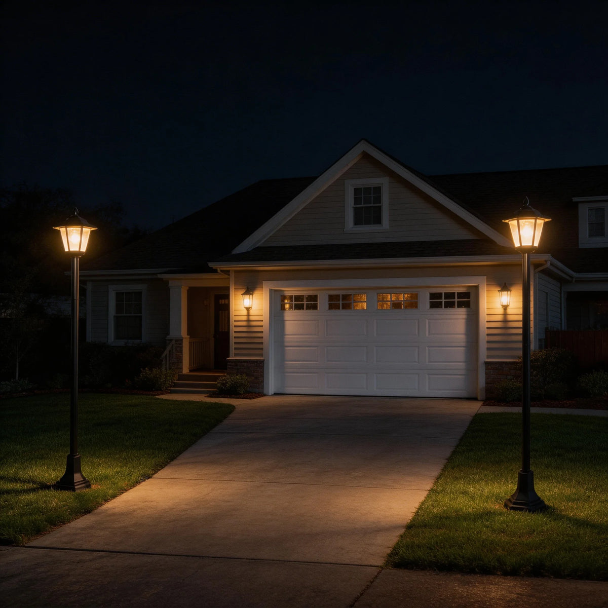 S And B Enterprise 2-pack solar post lights, black metal posts with lantern-style warm LEDs along the driveway