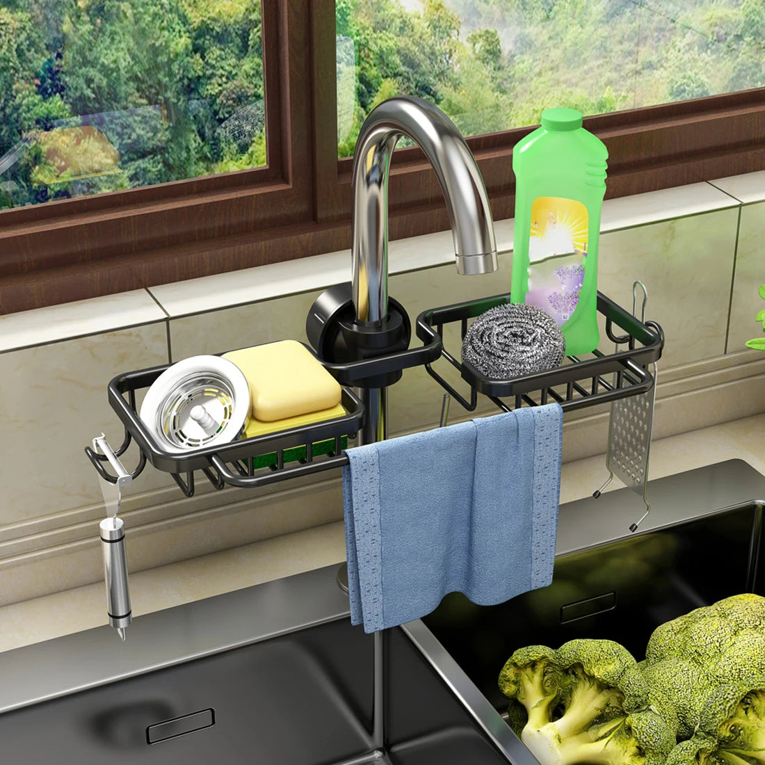 Aluminum sink drain rack with sponge holder and faucet organizer, two-tier kitchen shelf