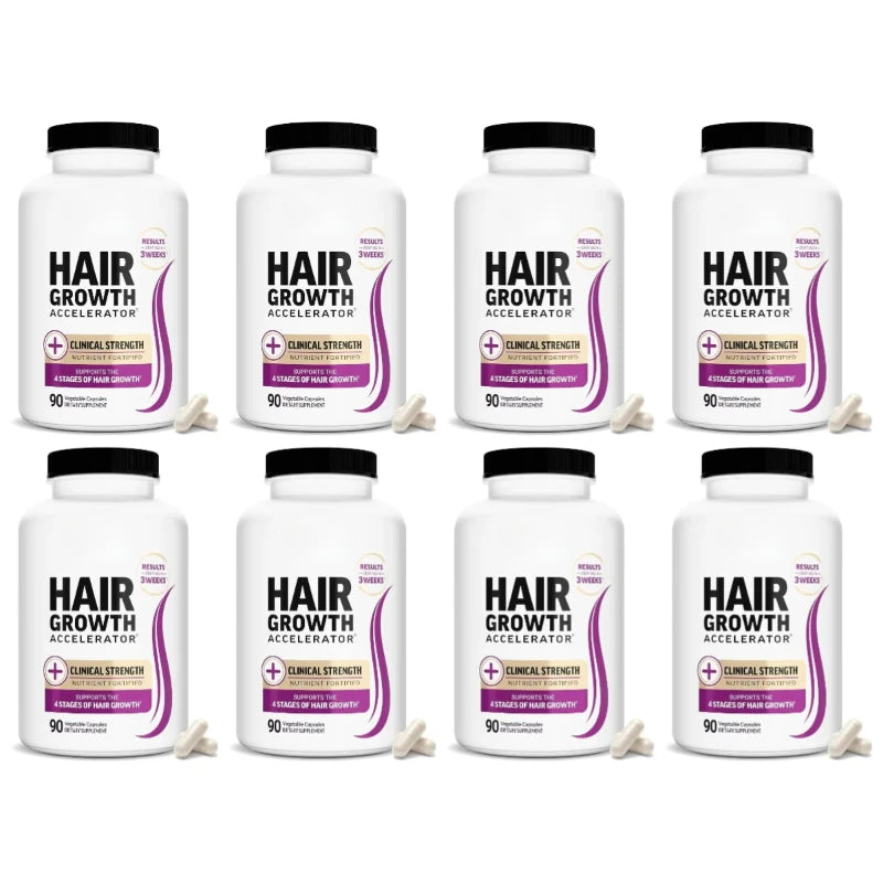 Hair Growth Accelerator supplement bottles, 8-pack, white bottles with black caps and purple label accents