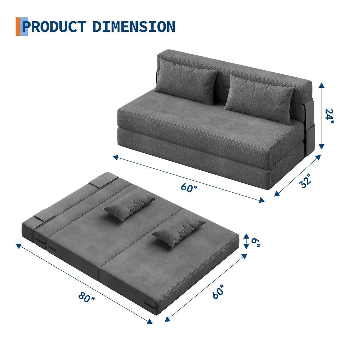 4-in-1 folding sofa bed in gray corduroy with two pillows; space-saving convertible loveseat and sleeper