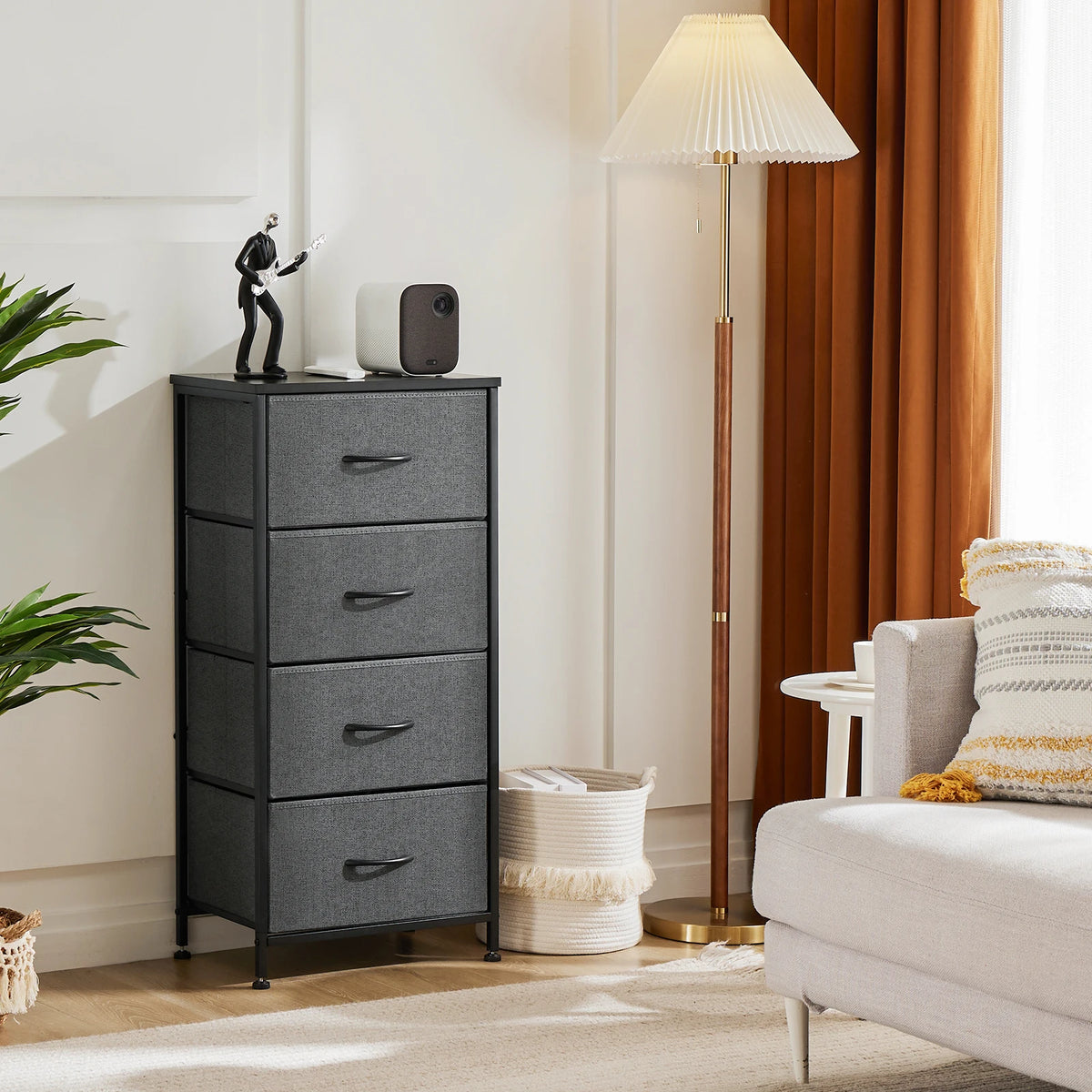 JHK dresser with 4 charcoal gray fabric drawers on a black metal frame.