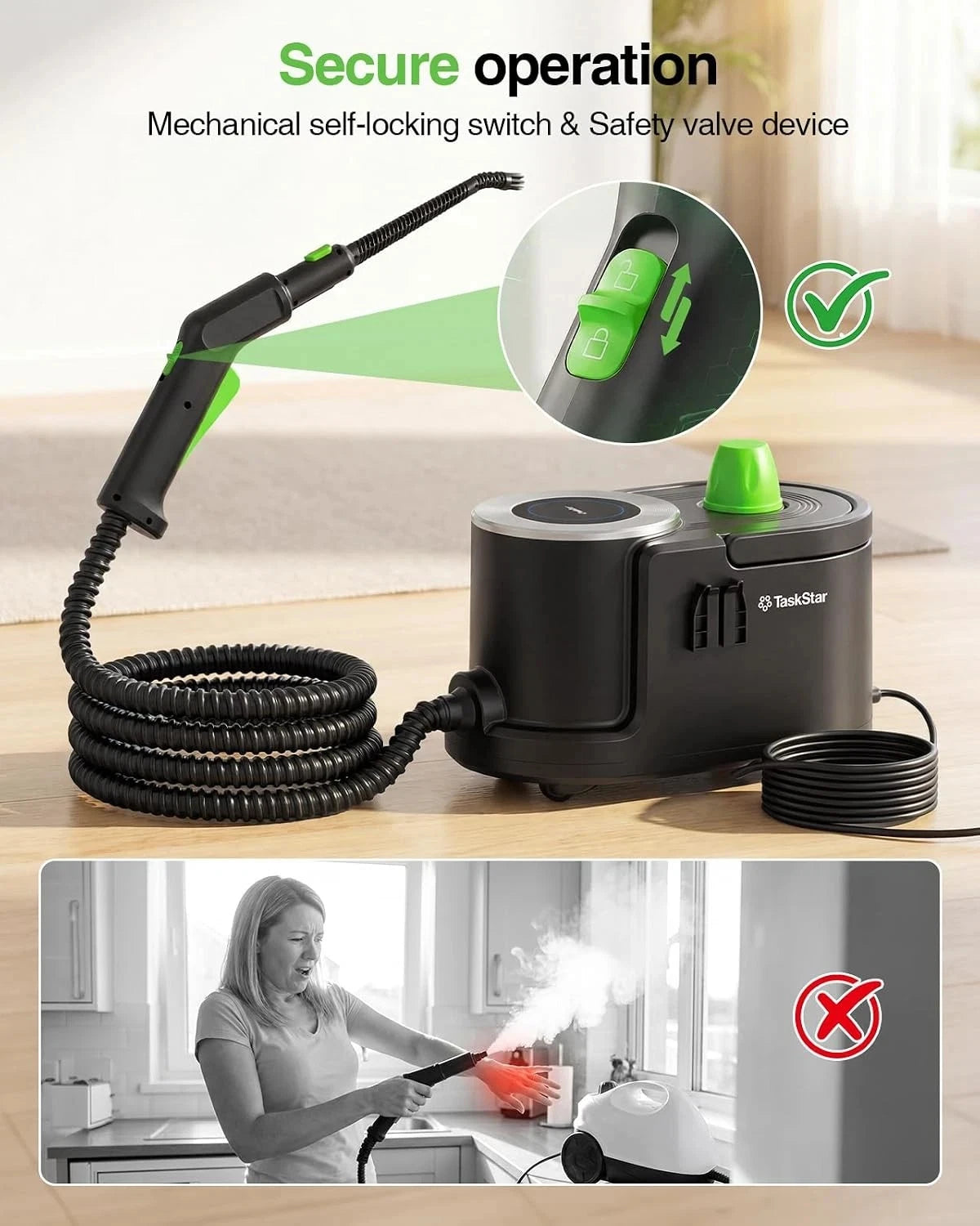 TaskStar handheld steam cleaner 1500W with black body and green accents, coiled hose and wand