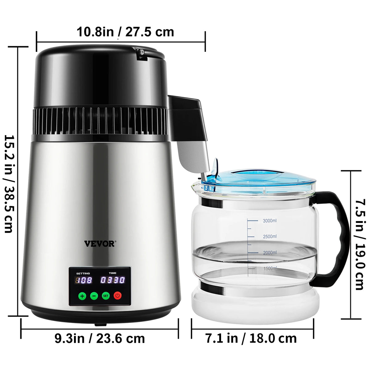 SucceBuy 4L water distiller purifier with VEVOR stainless steel body and touch screen; 2-piece glass 3000ml bottle.