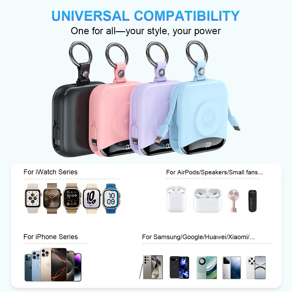 10000mAh Apple Watch power bank with built-in Lightning & Type-C cables, LED display, four-color keychain