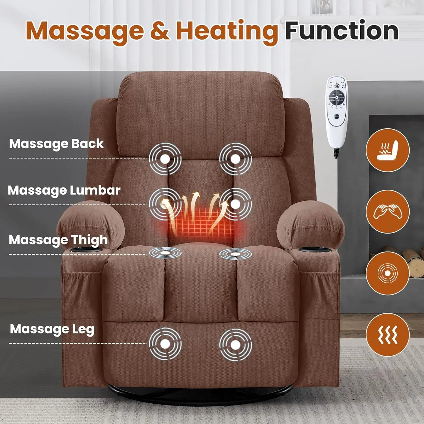 Swivel Rocker Recliner Chair With Vibration Massage Heat USB Port