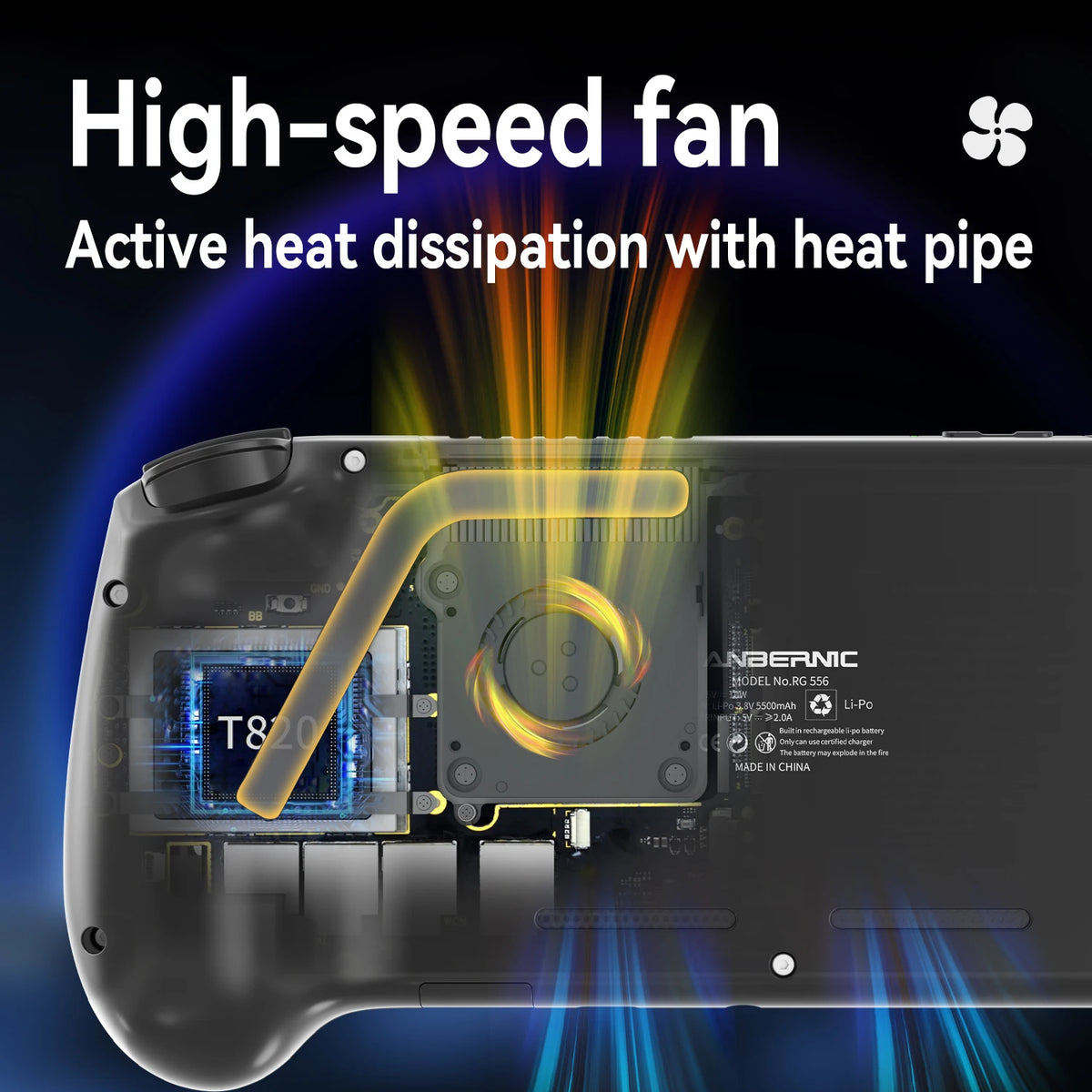 ANBERNIC RG556 retro handheld game console with exposed internals and yellow heat-pipe cooling