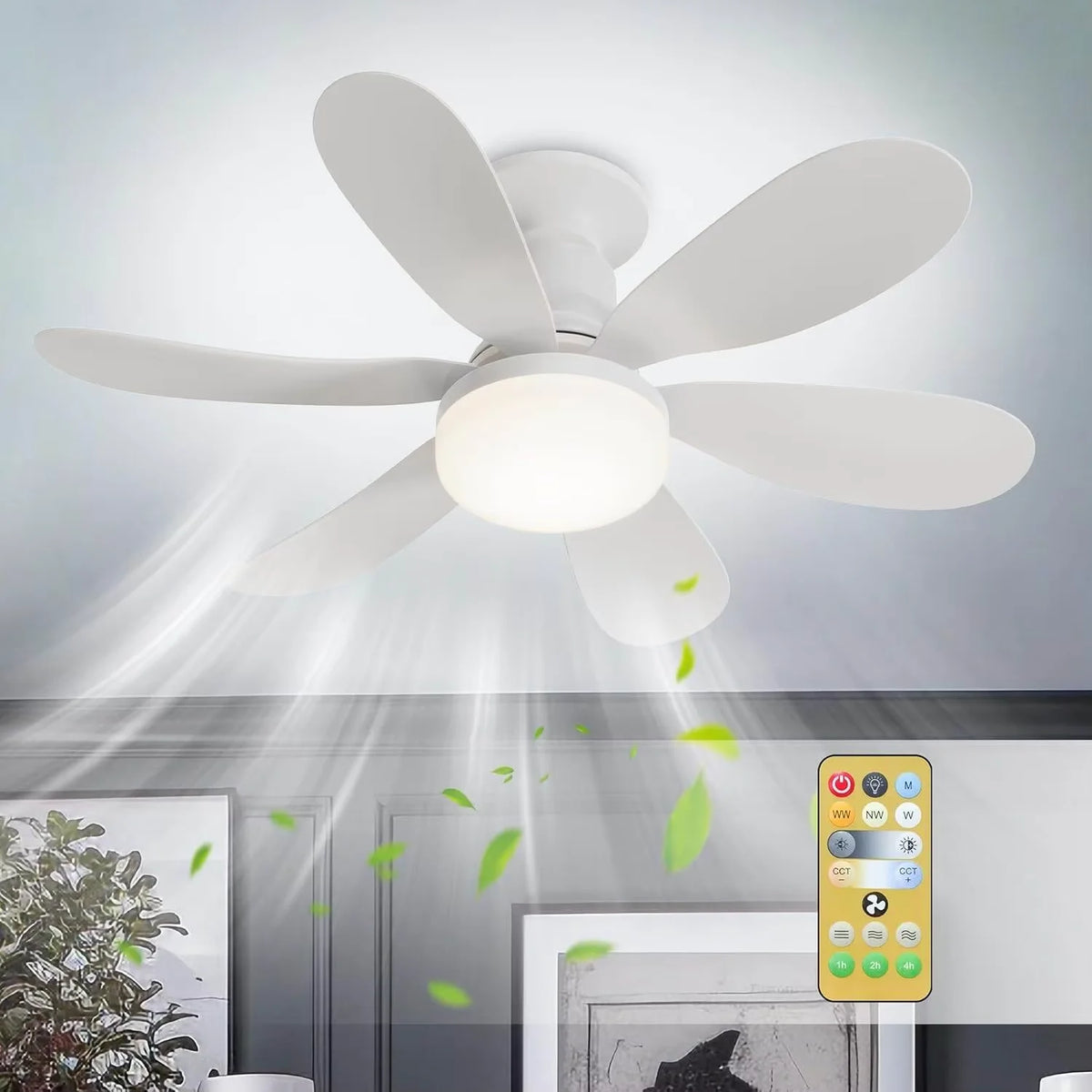 White LED ceiling fan with light, 5-blade design and remote dimming