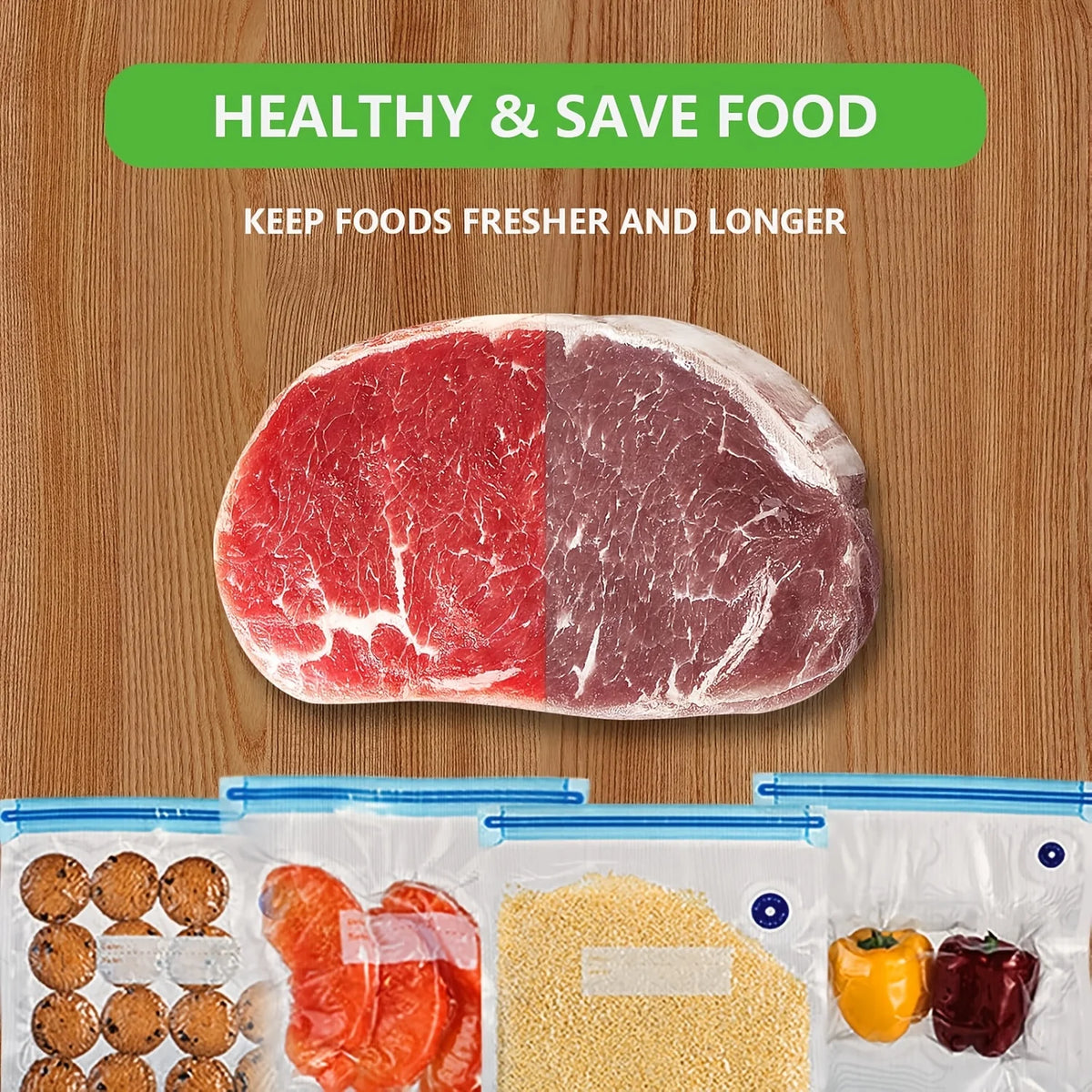 Handheld vacuum sealer with 5 reusable bags shown with a raw steak on a wooden cutting board
