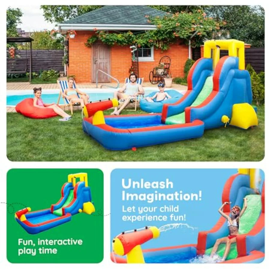 Inflatable Slide Park With Pool Splash Zone And Climbing Wall