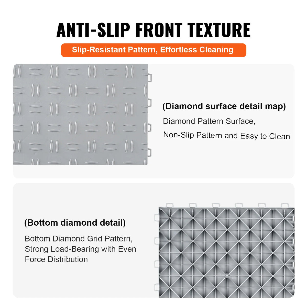 Interlocking garage floor tiles with diamond texture and anti-slip front; grey surface with bottom grid detail.