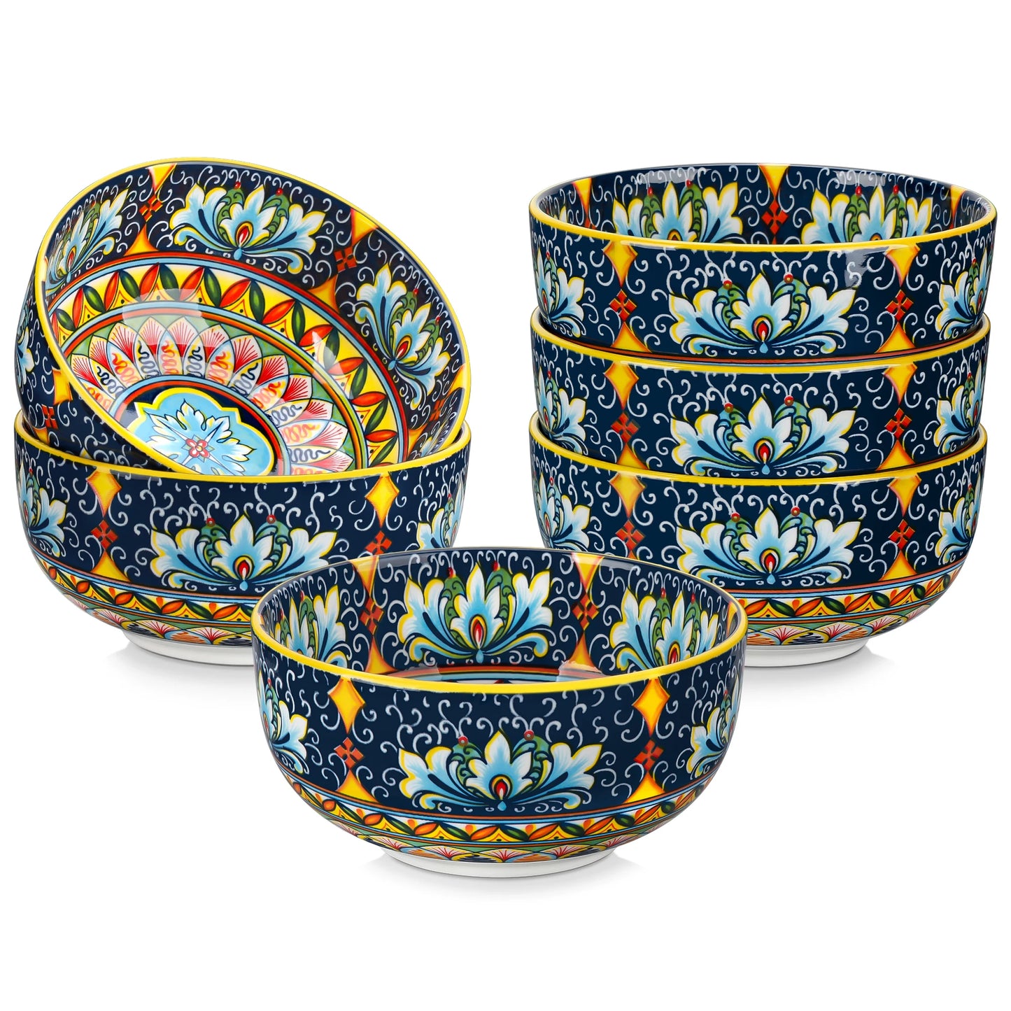 Ceramic cereal bowls set, 6 pieces, 28 oz, navy blue Bohemian floral pattern with yellow rims, S And B Enterprise