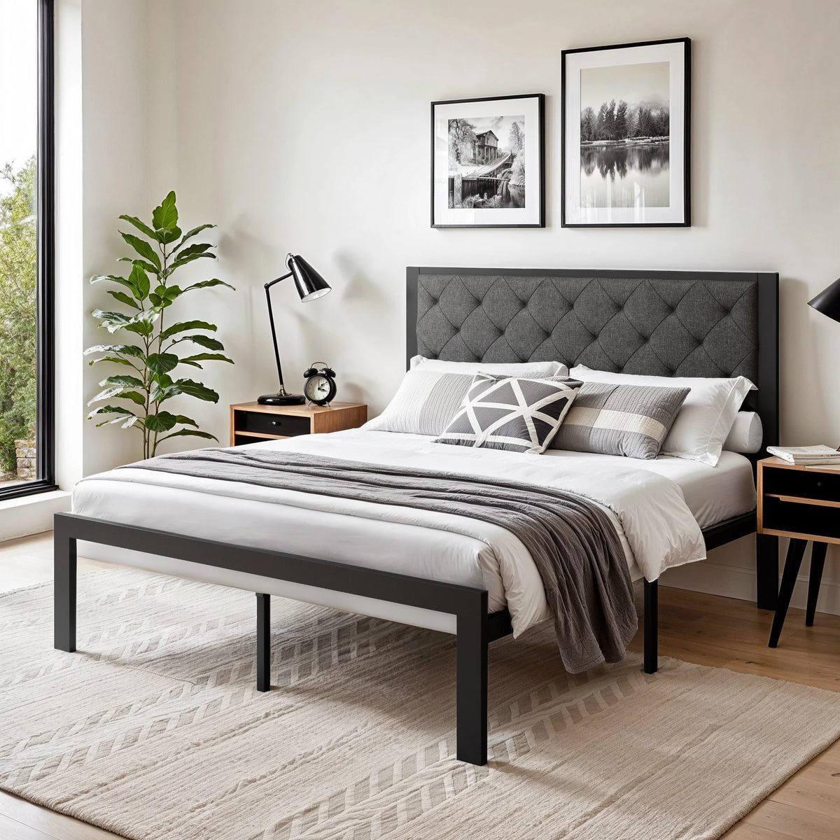 HOOMICH Metal Bed Frame With Upholstered Headboard Linen by S And B Enterprise