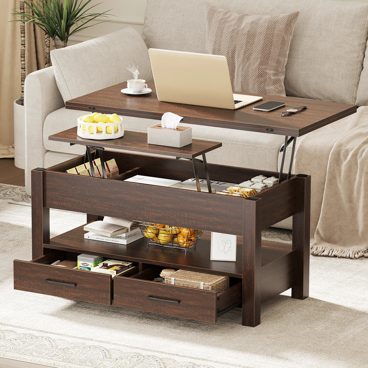 JHK lift-top coffee table by S And B Enterprise in dark wood with double drawers and hidden storage