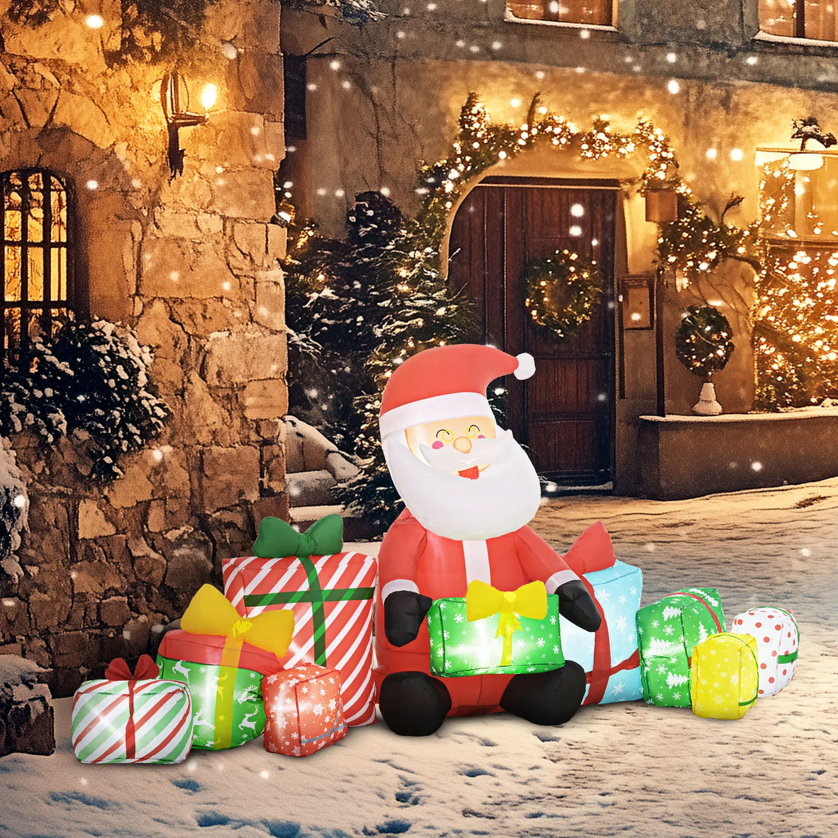 Outsunny 4.4-foot Christmas inflatable Santa Claus with white LED lights, surrounded by colorful wrapped presents.