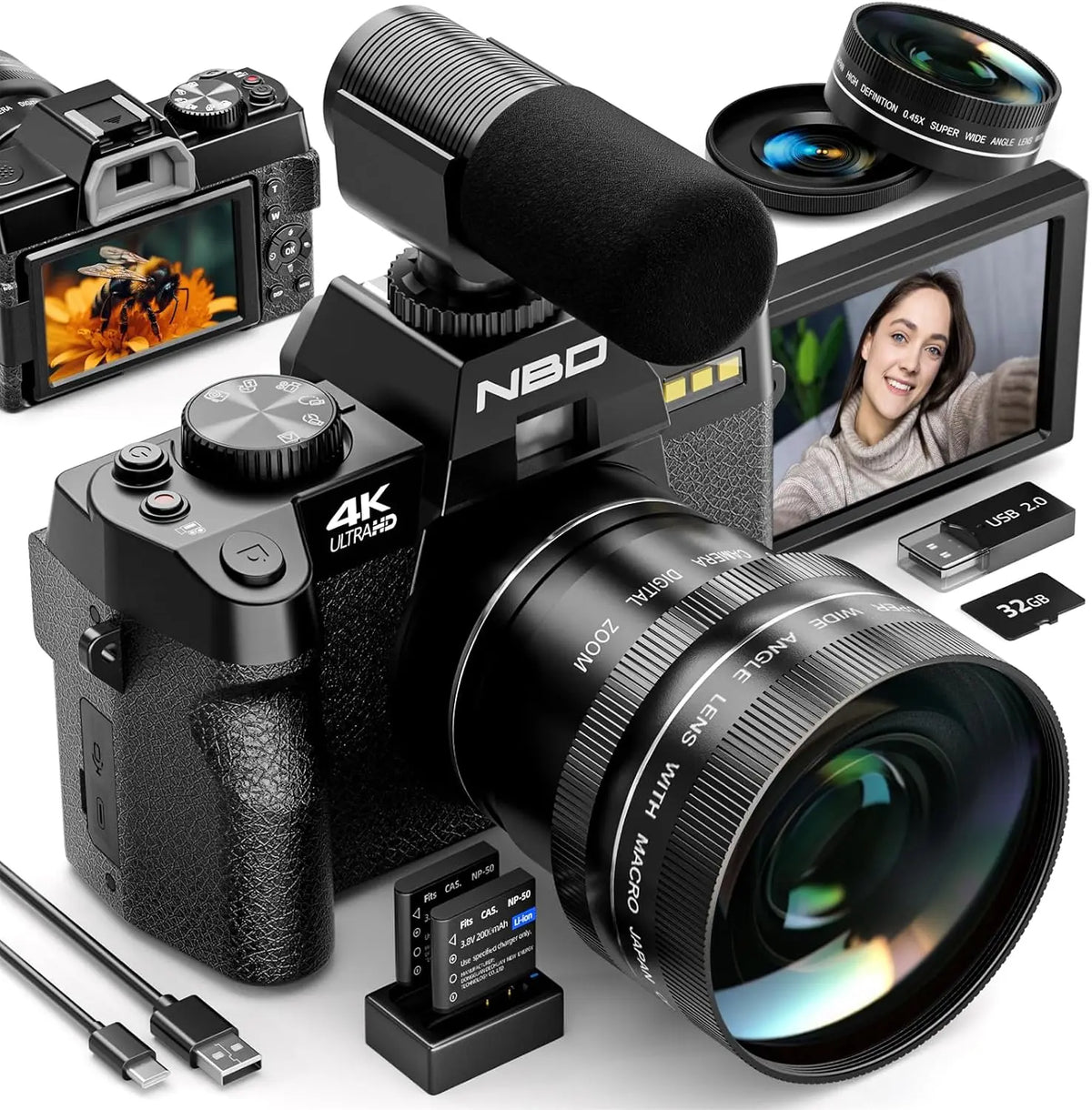 NBD 4K digital camera with 180° flip screen and 52mm macro lens, black travel vlogging kit with 16x digital zoom