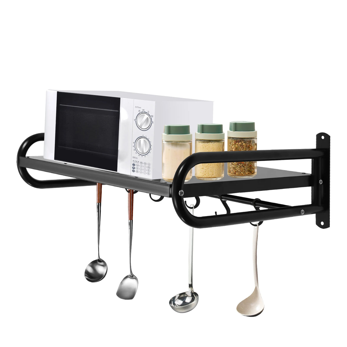 Carbon steel wall shelf with microwave oven on top and hanging utensils.