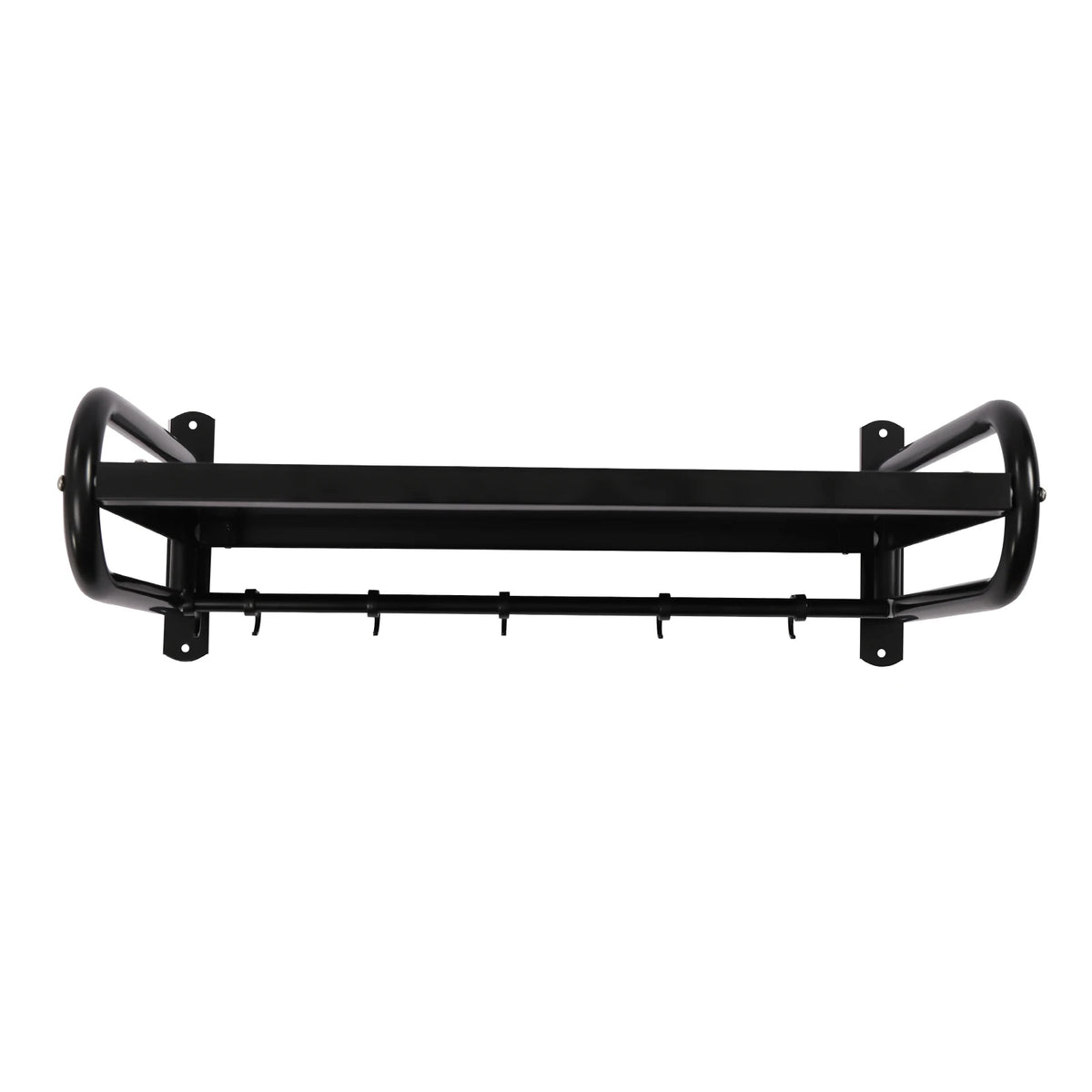Black carbon steel wall-mount microwave shelf with curved end rails and lower hook rack