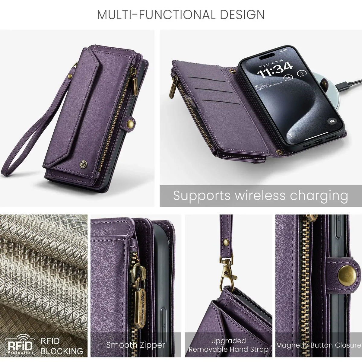 Purple leather crossbody wallet case by S And B Enterprise for iPhone with RFID blocking, 7-card slots and zipper pocket