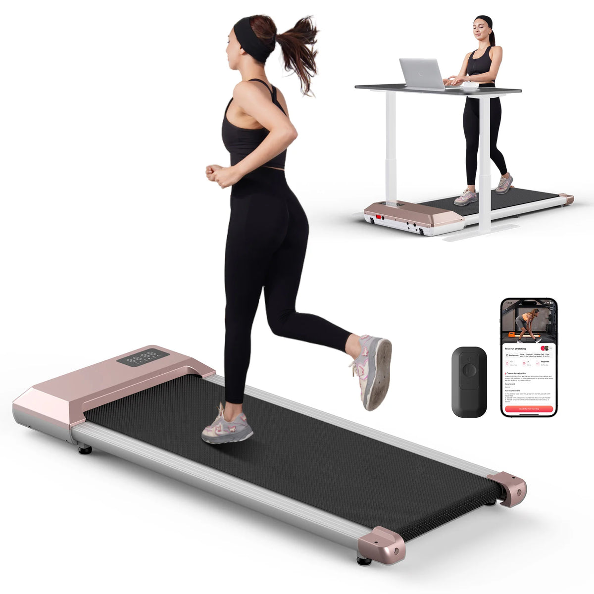 2-in-1 treadmill by S And B Enterprise, 300lb capacity, 2.5HP, rose-gold accents, desk option with LCD display