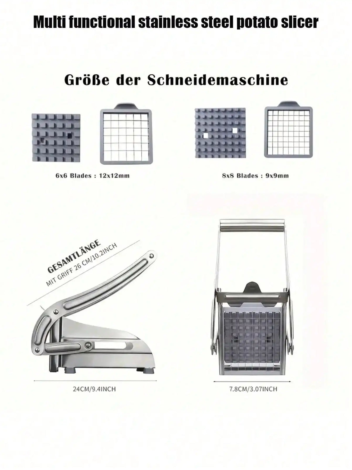 Stainless steel julienne cutter for potatoes and cucumbers by S And B Enterprise with interchangeable blade grids