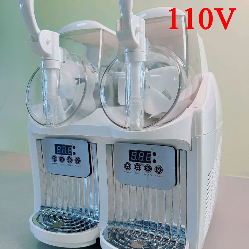 Two white commercial slushy machines with dual taps and digital display panels