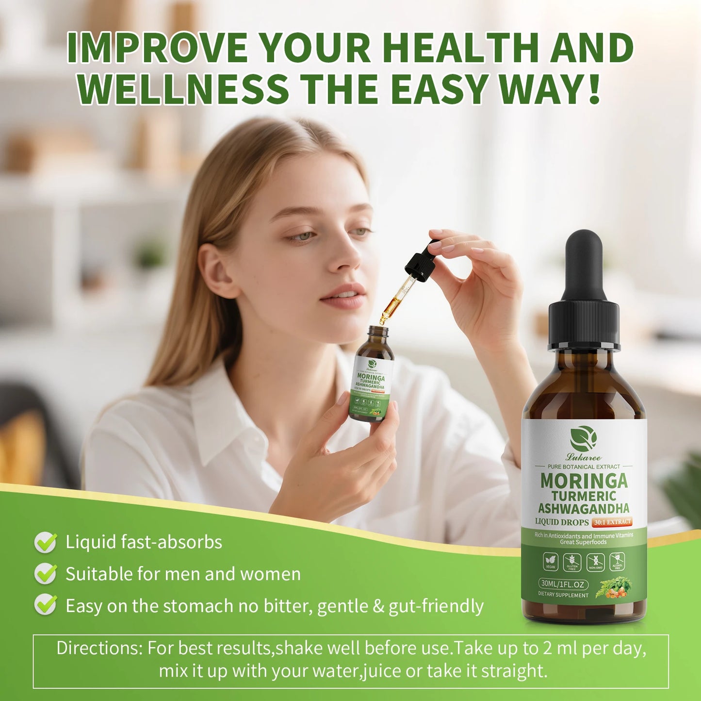 Beworths 12-In-1 Moringa Drops With Ashwagandha Turmeric Quercetin For Energy