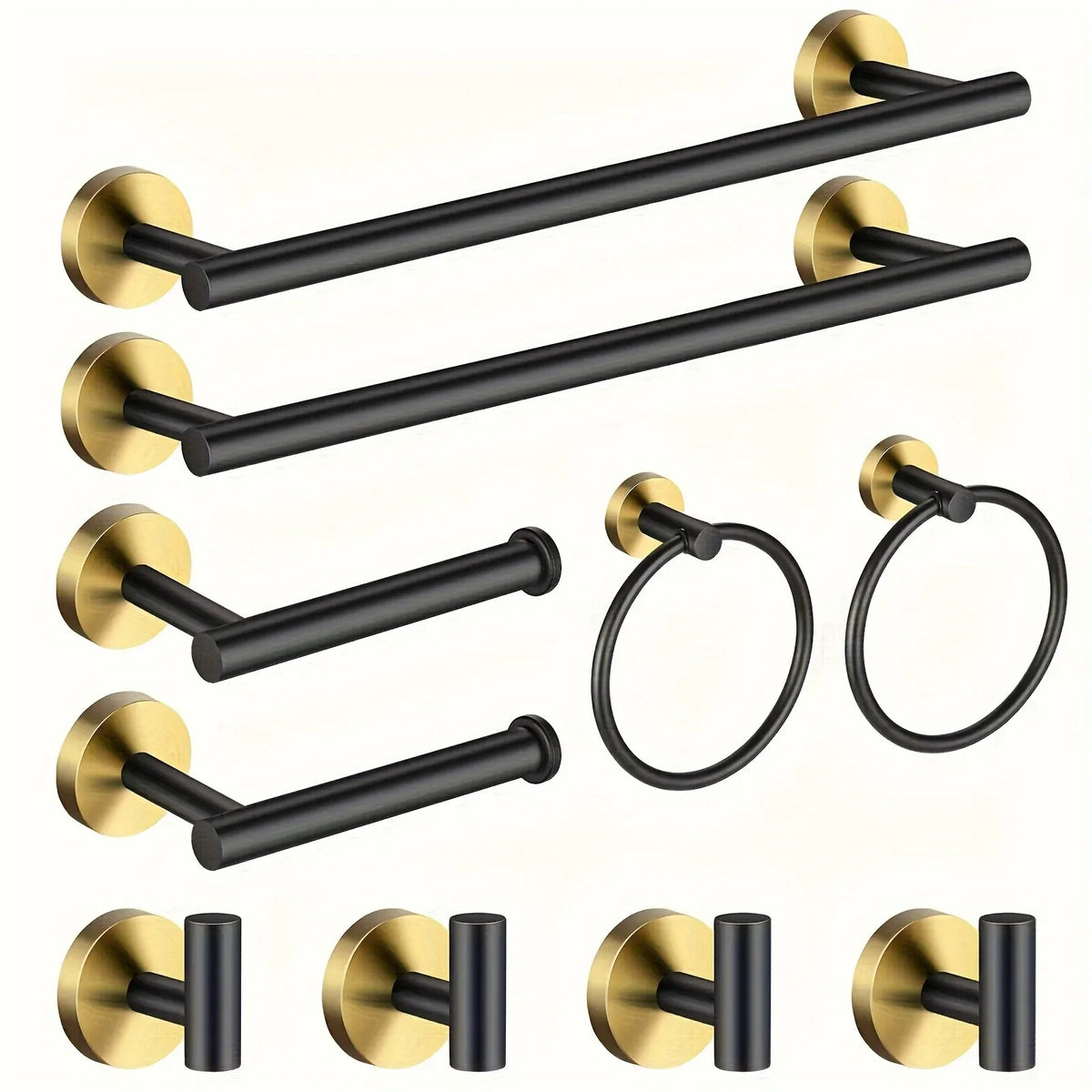 S And B Enterprise black gold wall-mounted bathroom hardware set with towel bars, towel rings, and toilet paper holders