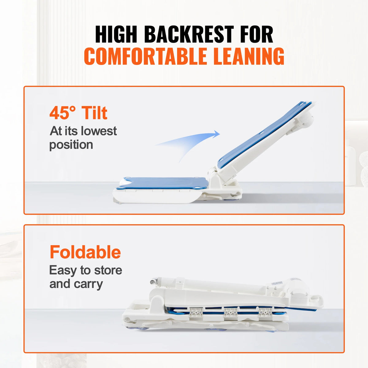 Electric chair lift by S And B Enterprise; blue cushioned seat, white frame, height adjustable