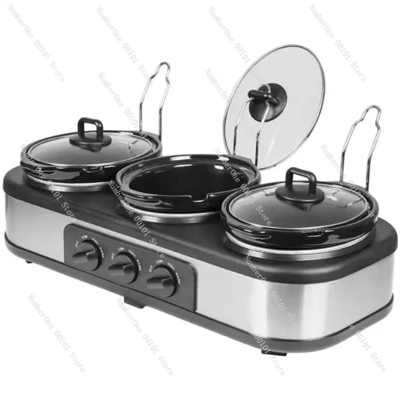 S And B Enterprise triple 1.5 qt electric slow cooker set in stainless steel with glass lids