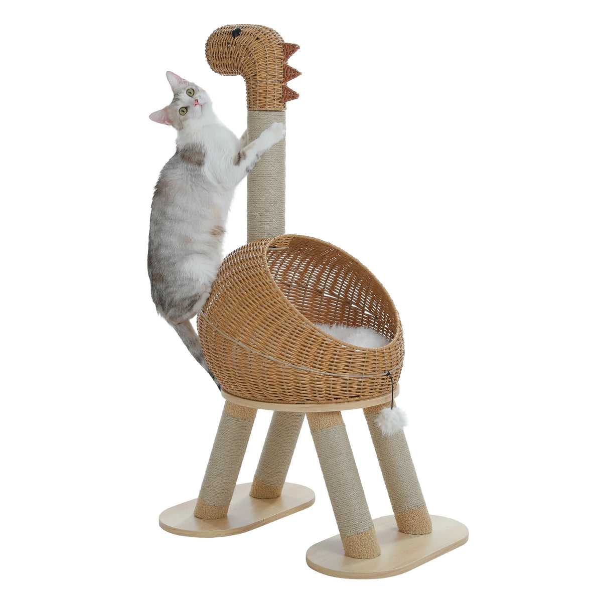 Dinosaur cat tree tower with large wicker condo, sisal scratching posts, and removable mat in natural rattan finish